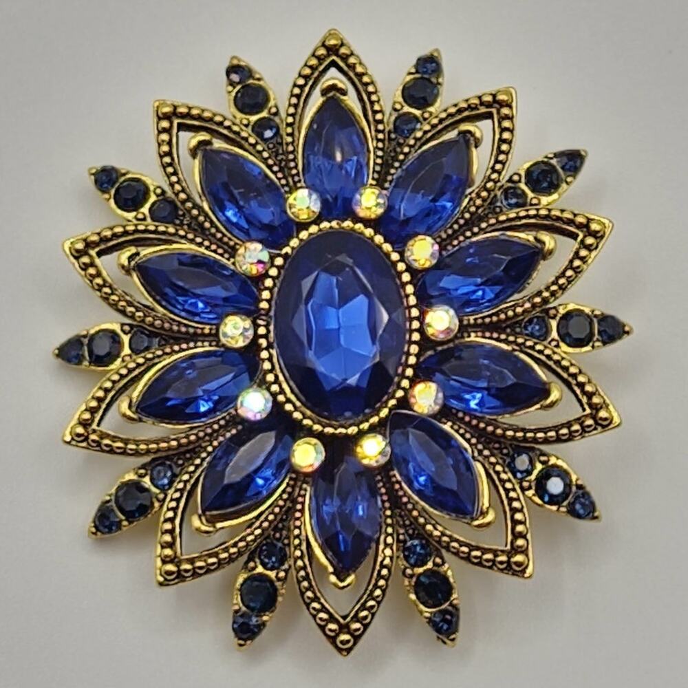 Floral Rhinestone Brooch Faux Jewels & Rhinestones Blue with Gold Tone Metal